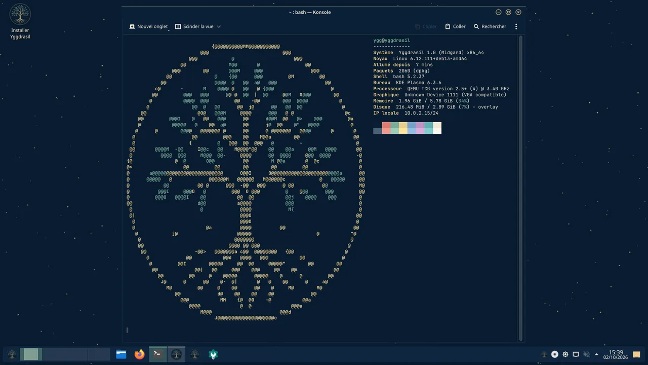 Un terminal : l'arbre-monde en ASCII et les infos du système